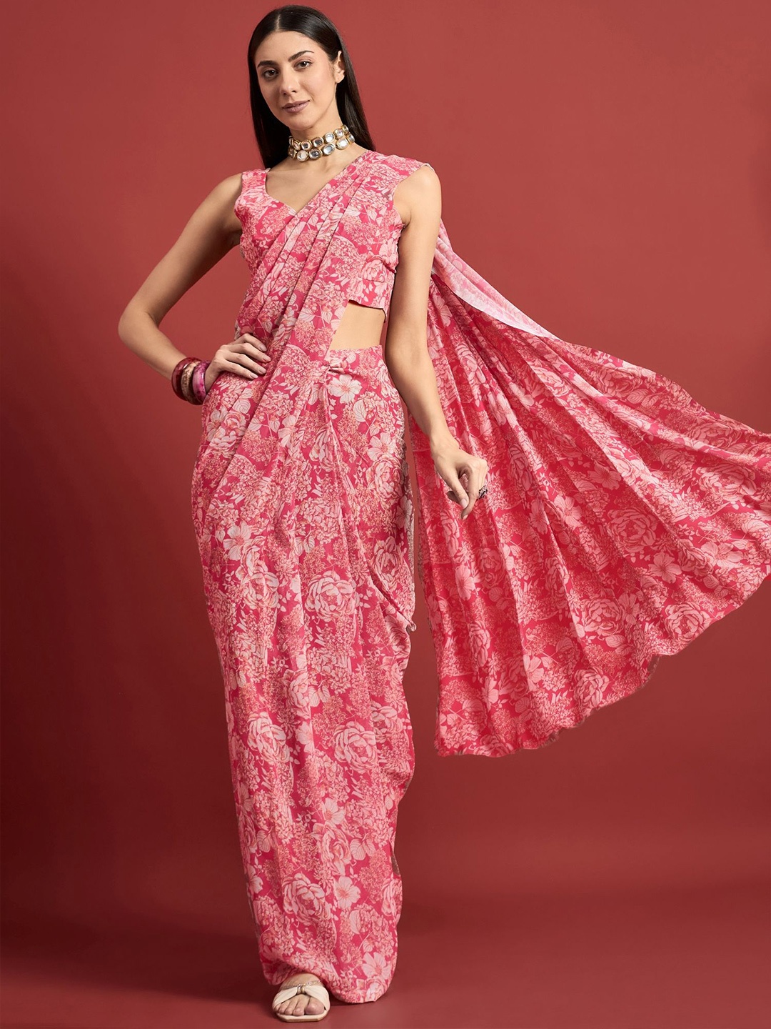 

all about you Floral Pure Georgette Saree, Pink