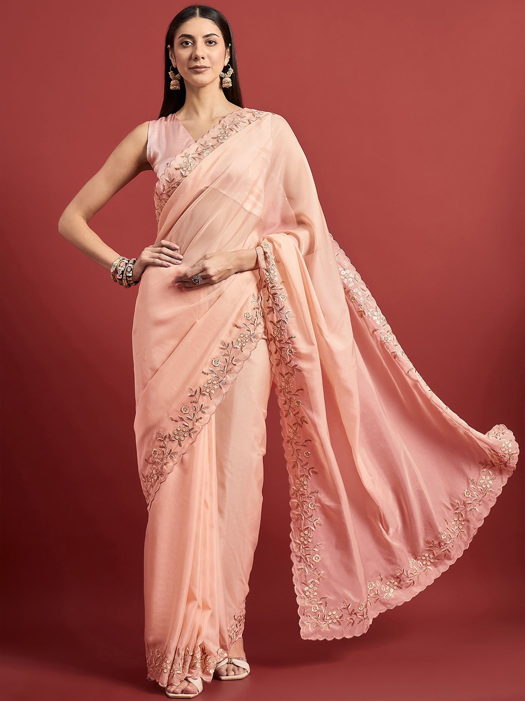 

all about you Embroidered Organza Saree, Peach