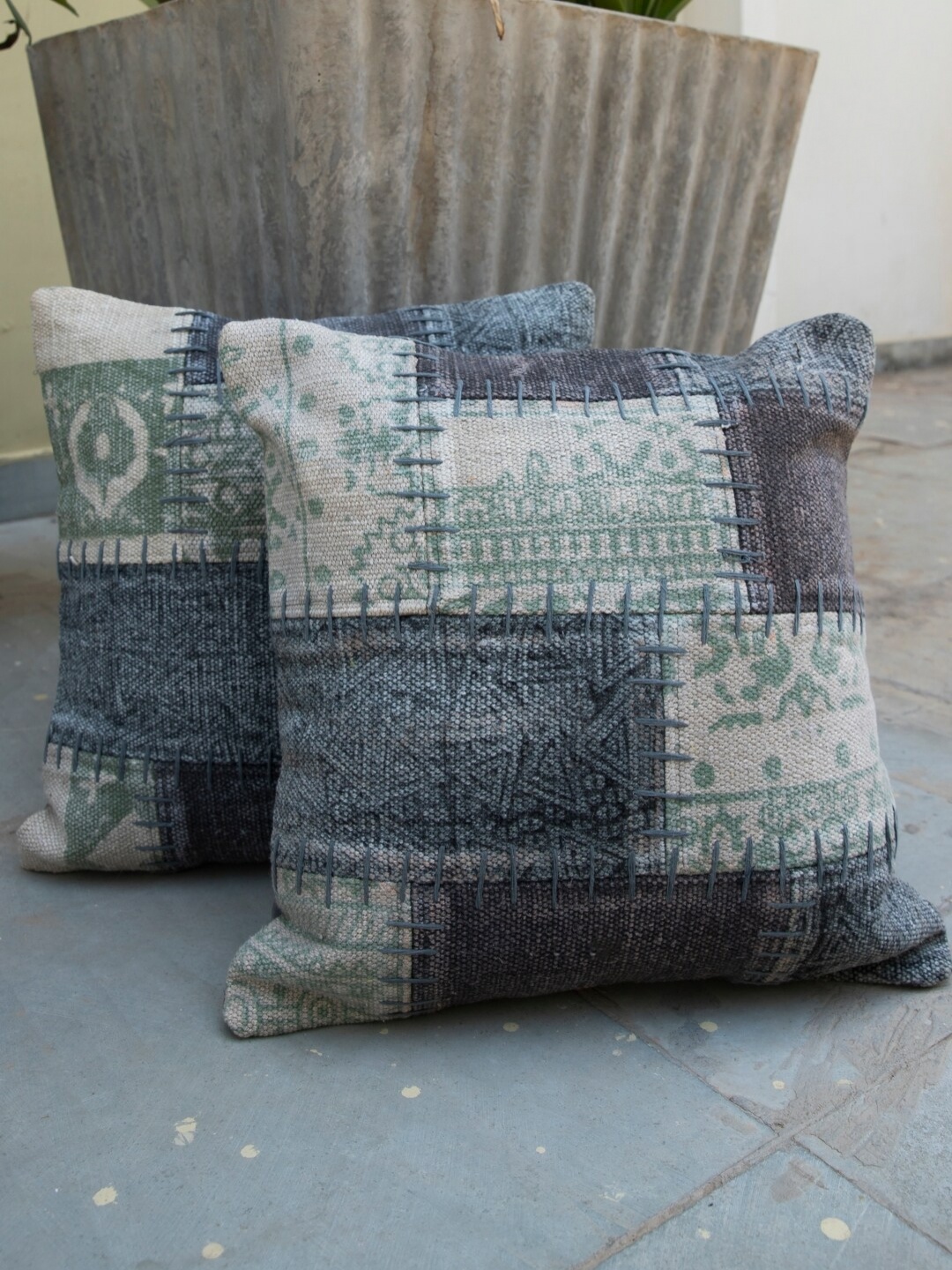 

Aura Blue & Green 2Pcs Geometric Cotton Square Cushion Covers