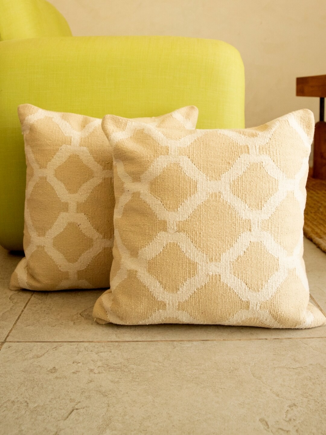 

Aura Yellow & Off White 2Pcs Ethnic Motifs Cotton Square Cushion Covers