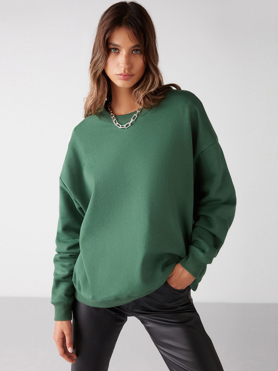 

GRIMELANGE Women Round Neck Long Sleeves Cotton Pullover, Green