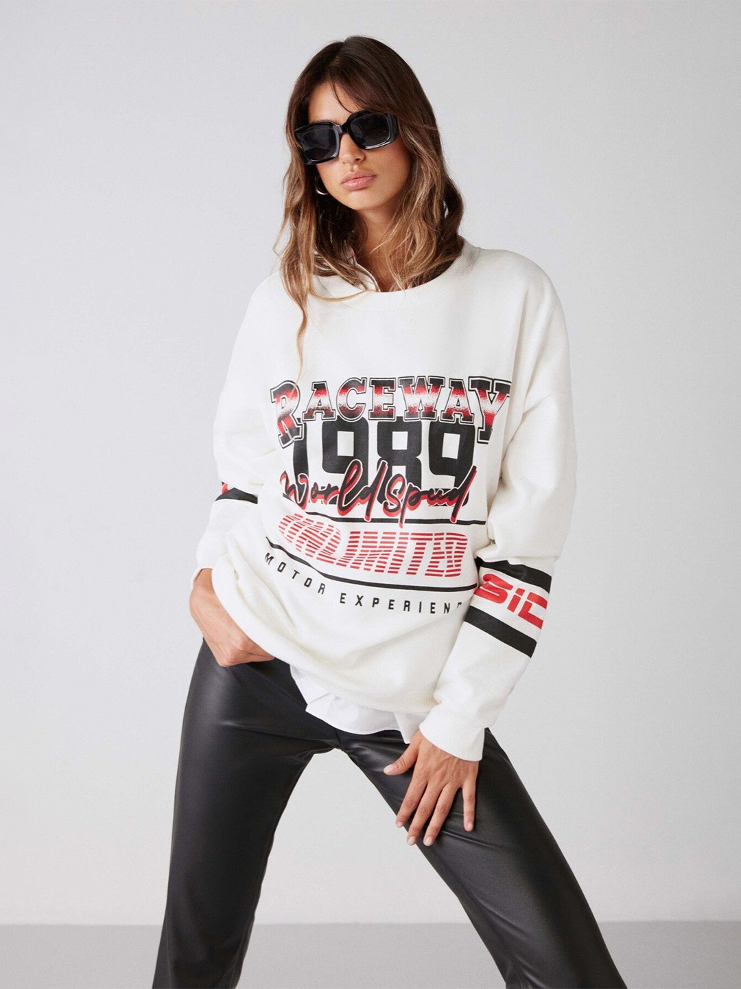 

GRIMELANGE Alphanumeric Printed Round Neck Pullover Sweatshirt, White