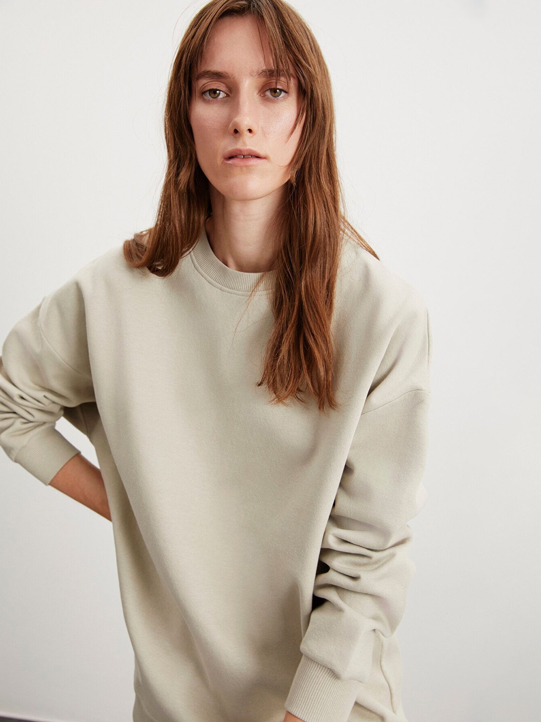 

GRIMELANGE Round Neck Long Sleeves Cotton Sweatshirt, Beige