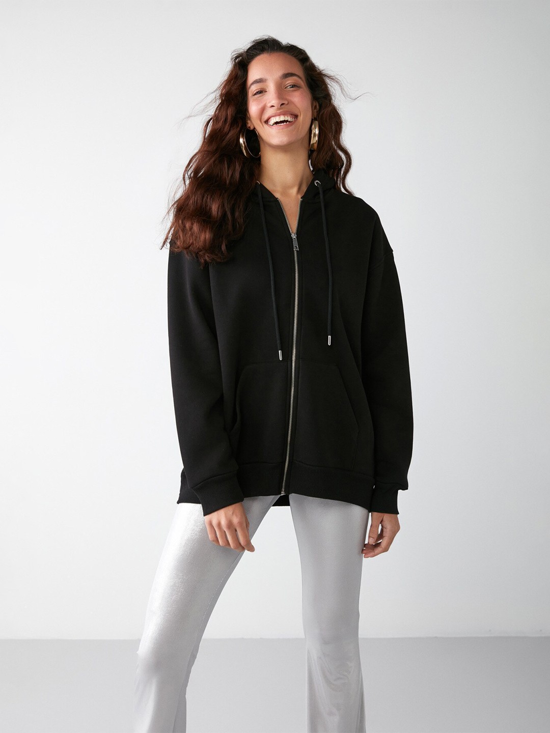 

GRIMELANGE Black Hooded Front-Open Sweatshirt
