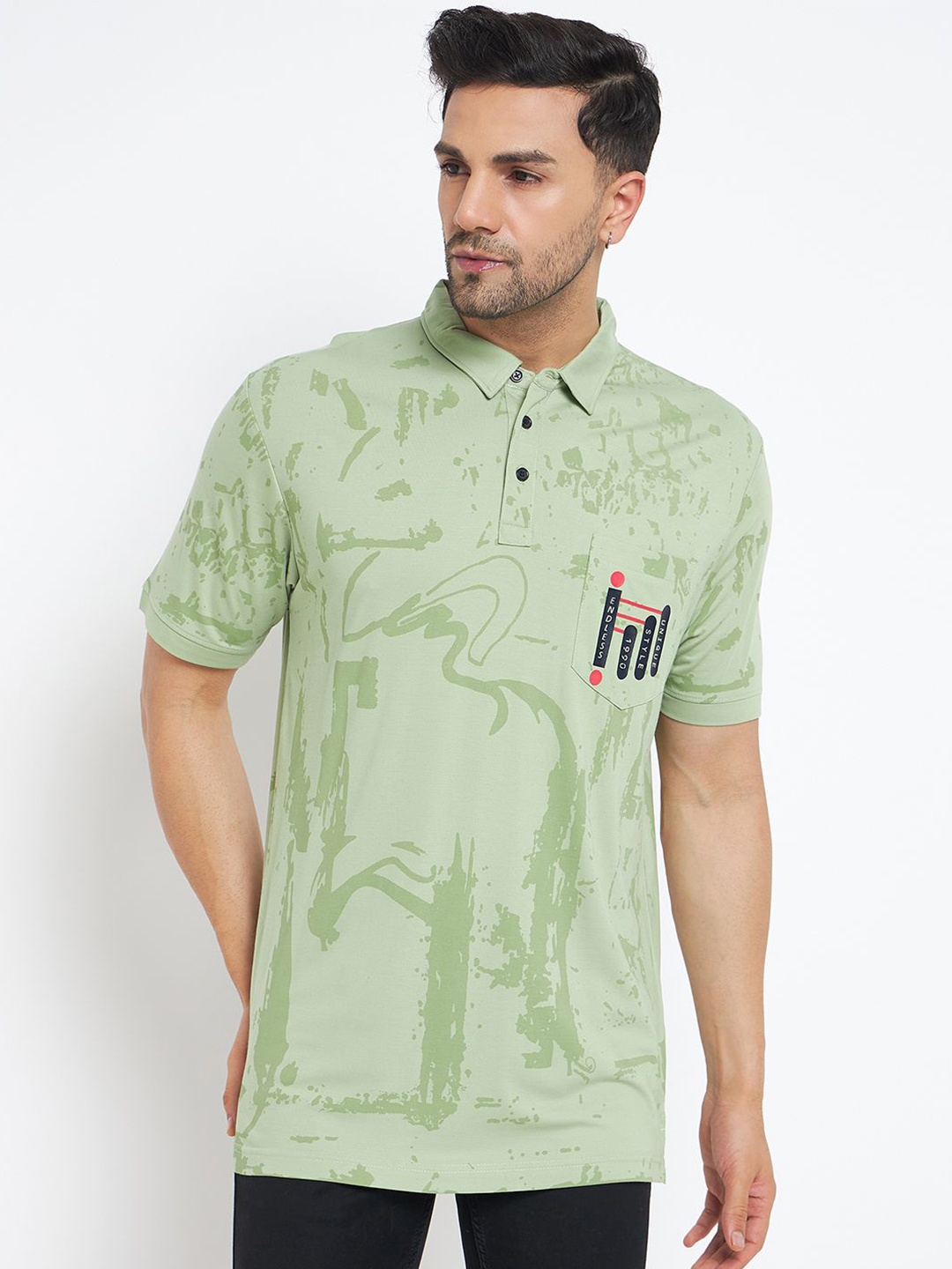 

Duke Abstract Printed Polo Collar Short Sleeves Slim Fit Cotton T-shirt, Green
