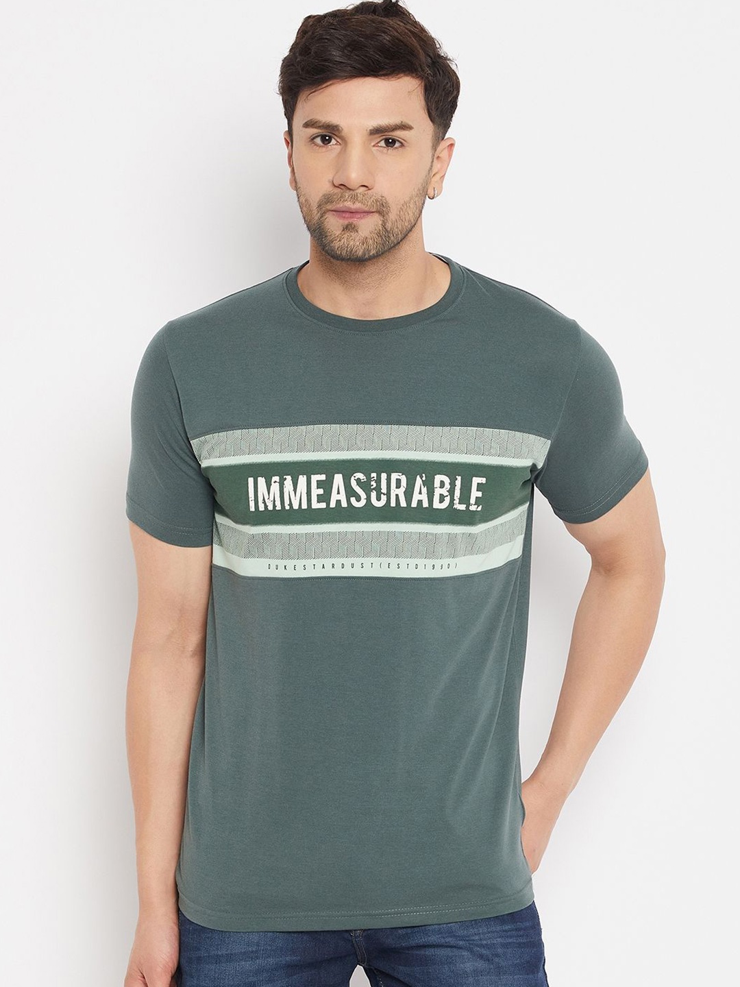 

Duke Men Typography Printed Round Neck Slim Fit T-shirt, Green
