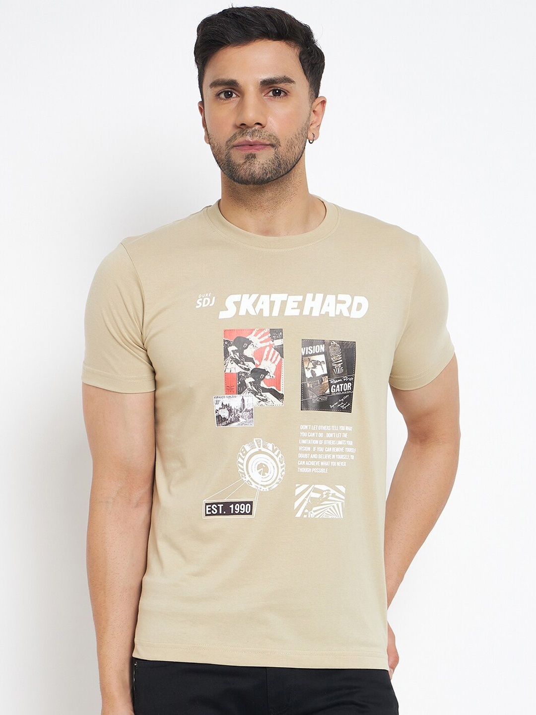 Duke Typography Printed Round Neck Cotton Slim Fit T-shirt, Beige