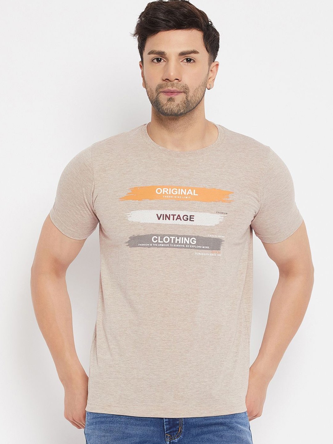 

Duke Men Typography Printed Round Neck Slim Fit T-shirt, Beige