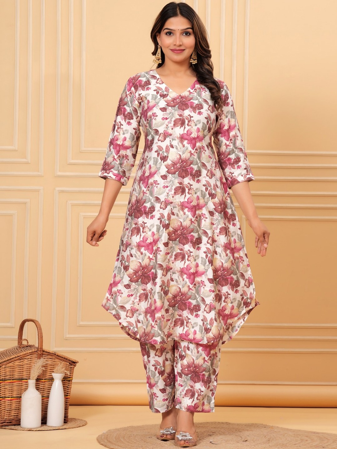 

KALINI Women Floral Printed Regular A-line Kurta With Trousers, Pink