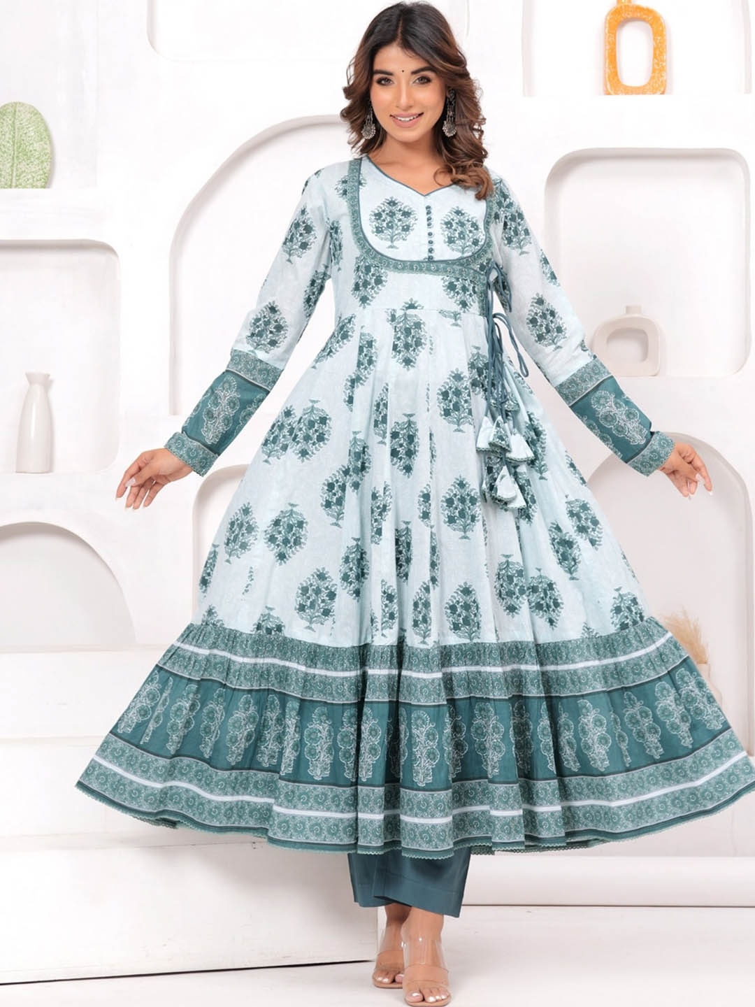 

KALINI Floral Printed Angrakha Beads And Stones Pure Cotton Kurta with Trousers & Dupatta, Blue