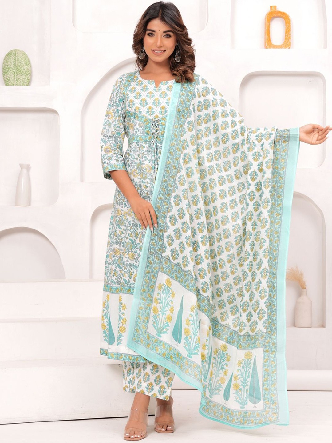 

KALINI Floral Printed Angrakha Pure Cotton Anarkali Kurta With Trousers & Dupatta, Green