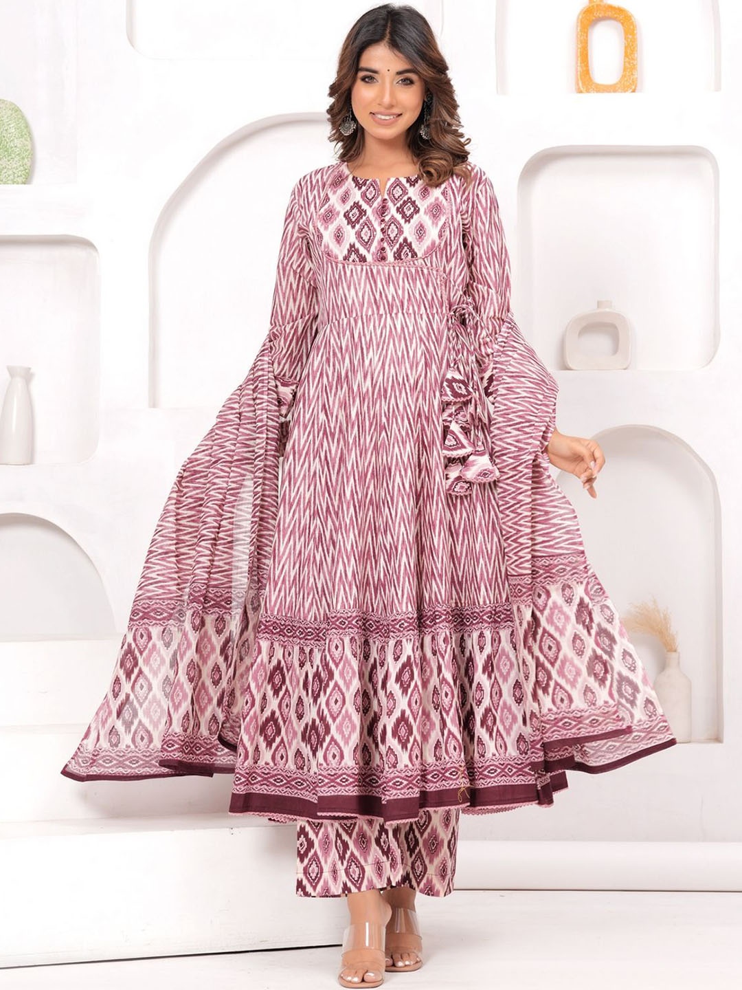 

KALINI Floral Printed Angrakha Pure Cotton Anarkali Kurta With Trousers & Dupatta, Maroon