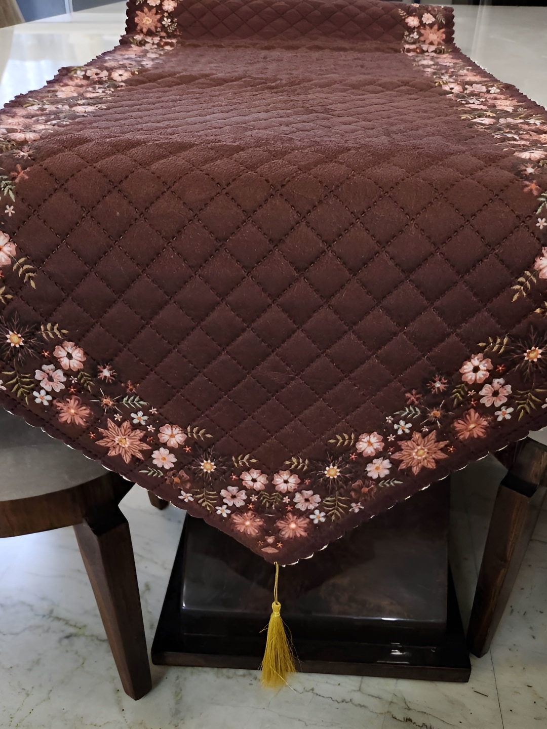 

MONKDECOR Brown Floral Printed Velvet Table Runner