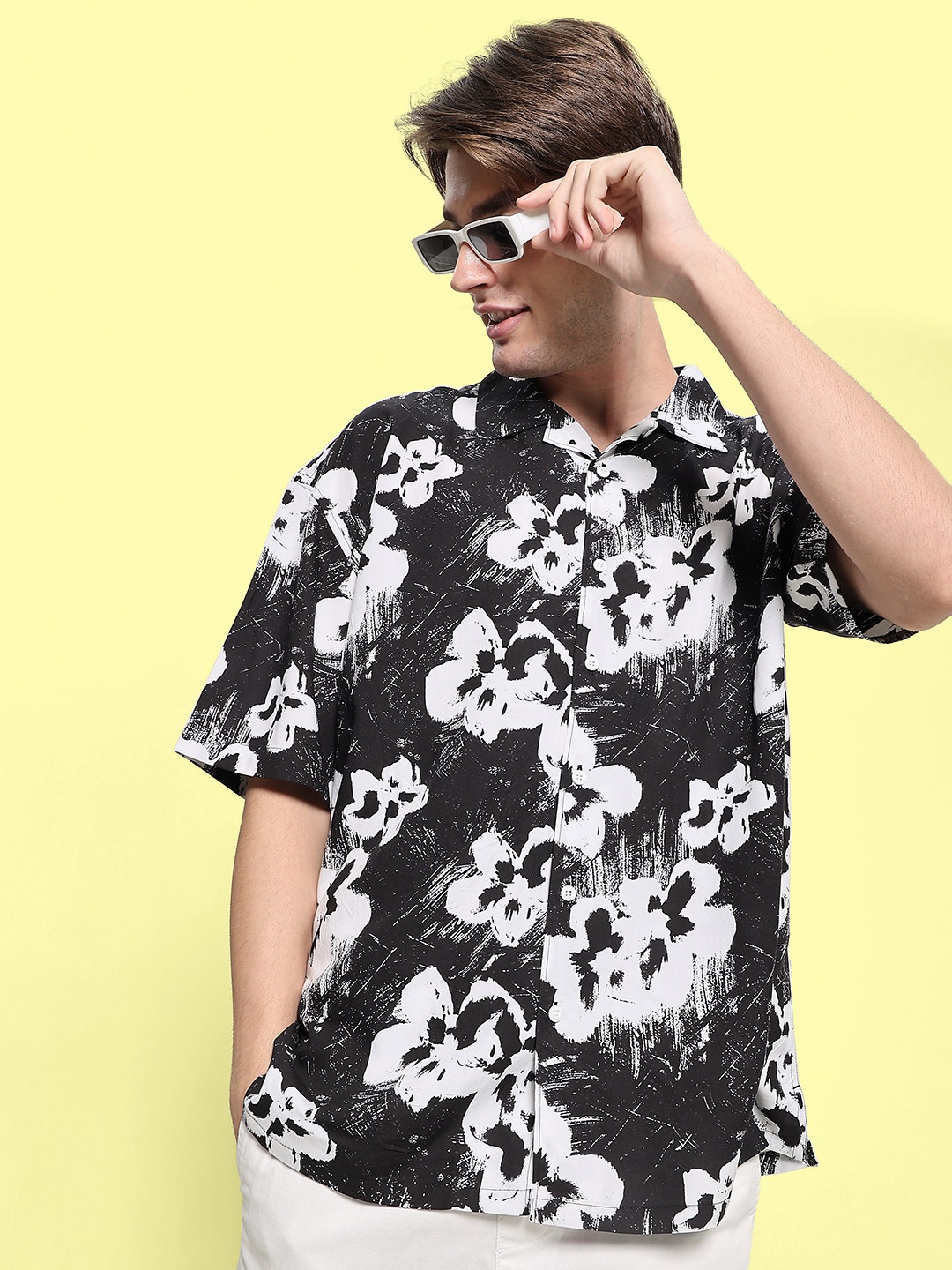 Bene Kleed Floral Printed Oversized Casual Shirt, Black