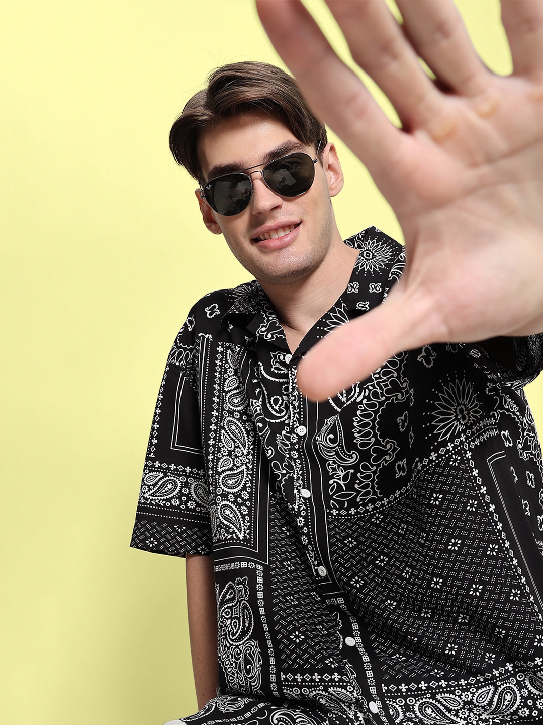 Bene Kleed Printed Oversized Cotton Casual Shirt, Black