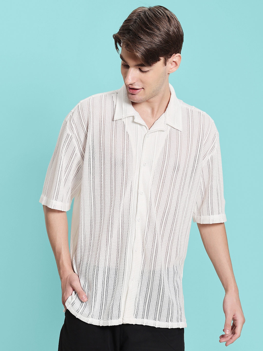 

Bene Kleed Cuban collar Oversized Lace shirt, White