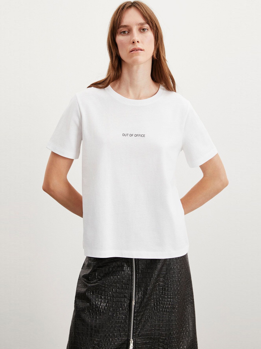GRIMELANGE Women Typography Printed Round Neck T-shirt, White