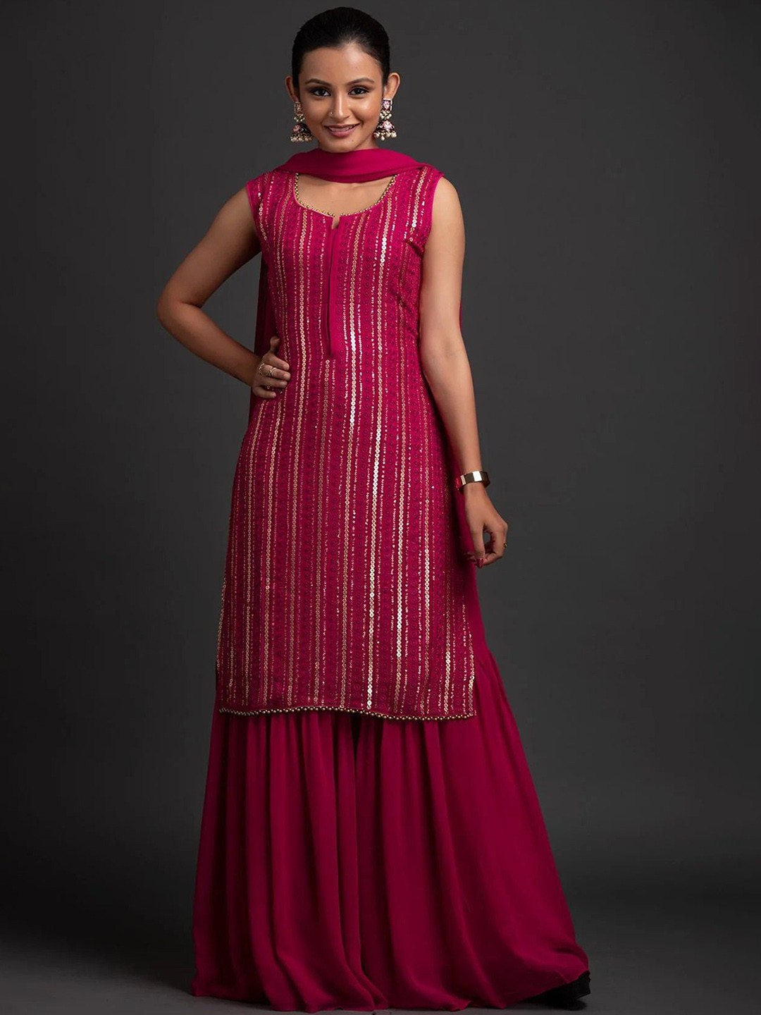 

NIZA FASHION Embroidered Regular Sequinned Straight Kurta with Sharara & Dupatta, Pink