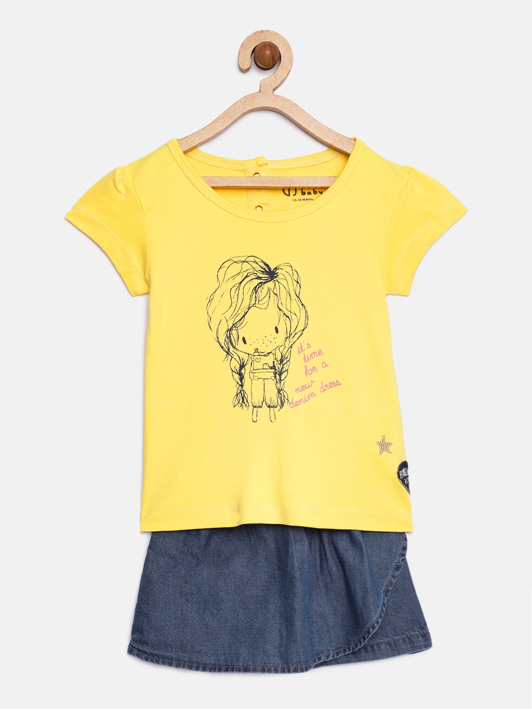 

Gini and Jony Girls Yellow & Navy Blue Printed T-shirt with Skirt