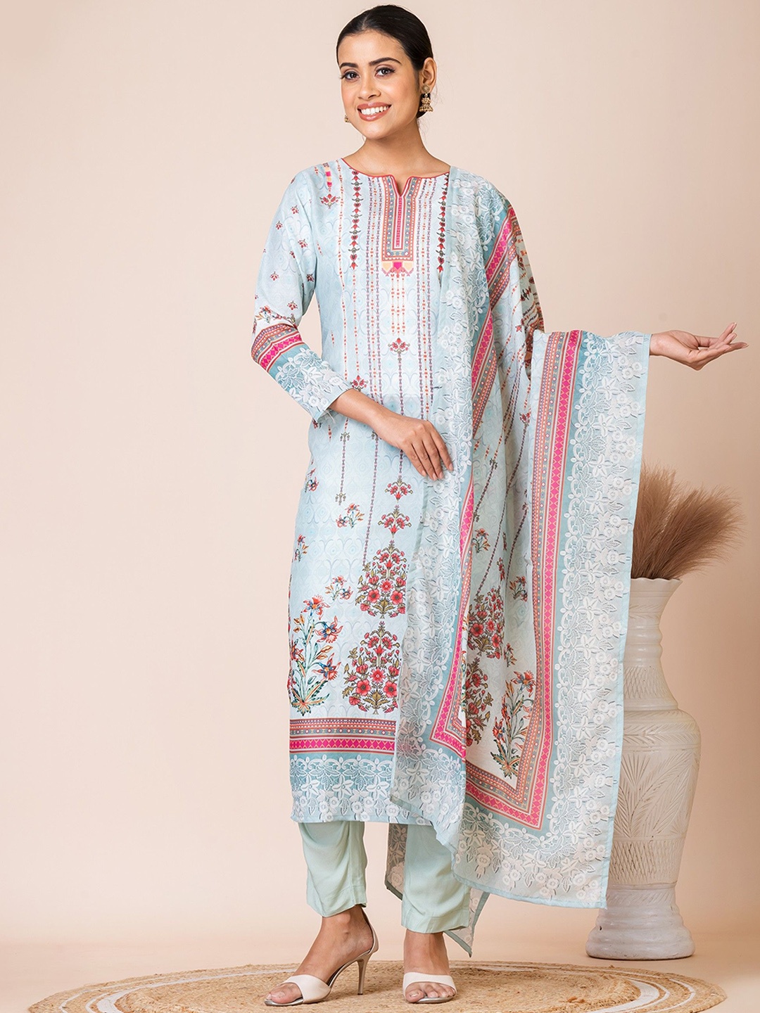 

SARSO Ethnic Motifs Printed Regular Kurta with Trousers & Dupatta, Blue