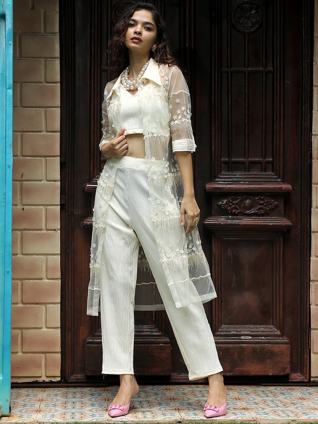 

QISSA Self Designed Embellished Three Quarter Sleeve Jacket Top & Trouser, White