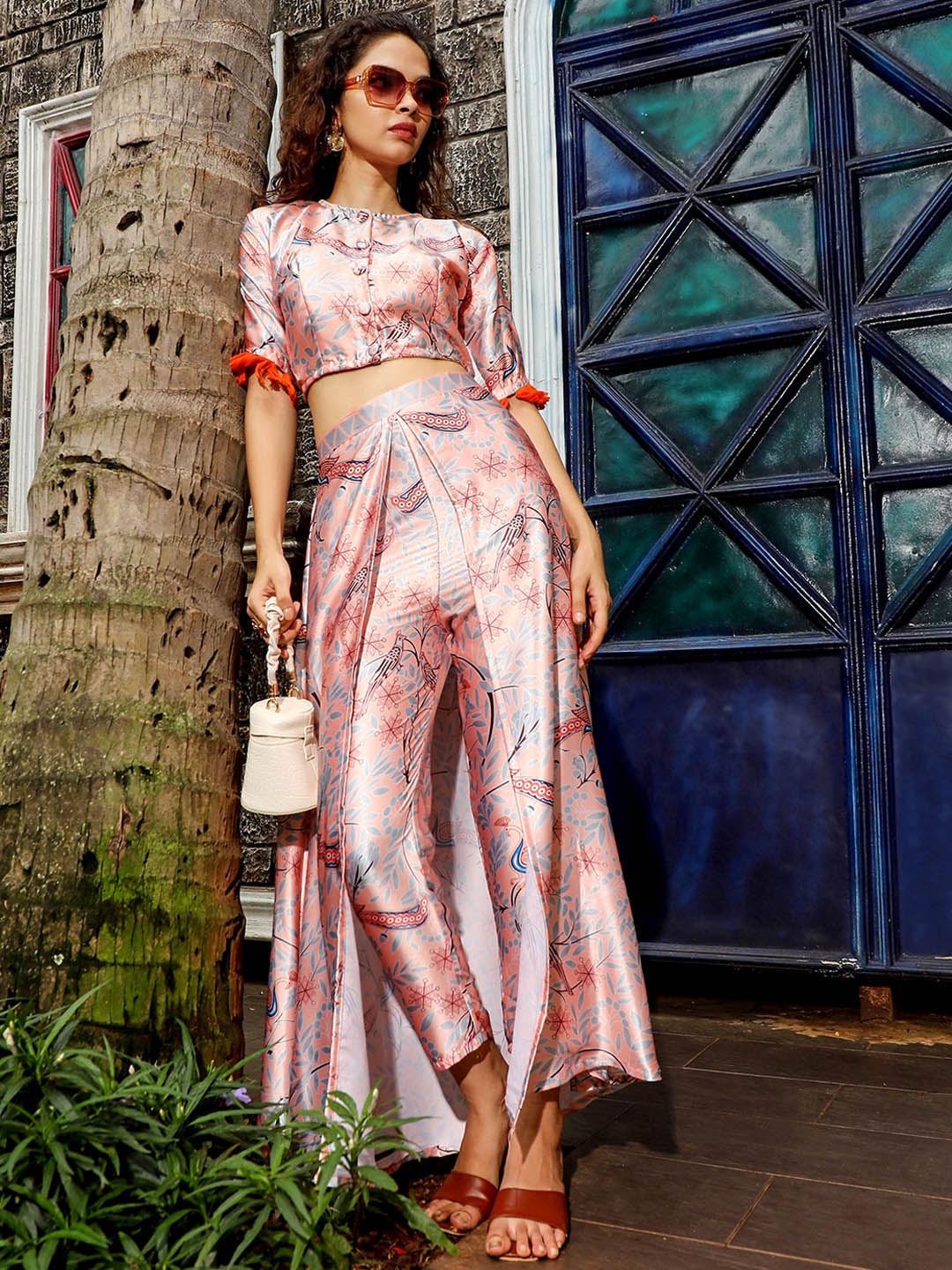 

QISSA Printed Top With Trousers, Peach