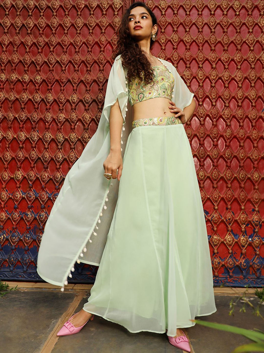 

QISSA Self-Designed Ethnic Motifs Sleeveless Shrug Jacket & Trouser, Green
