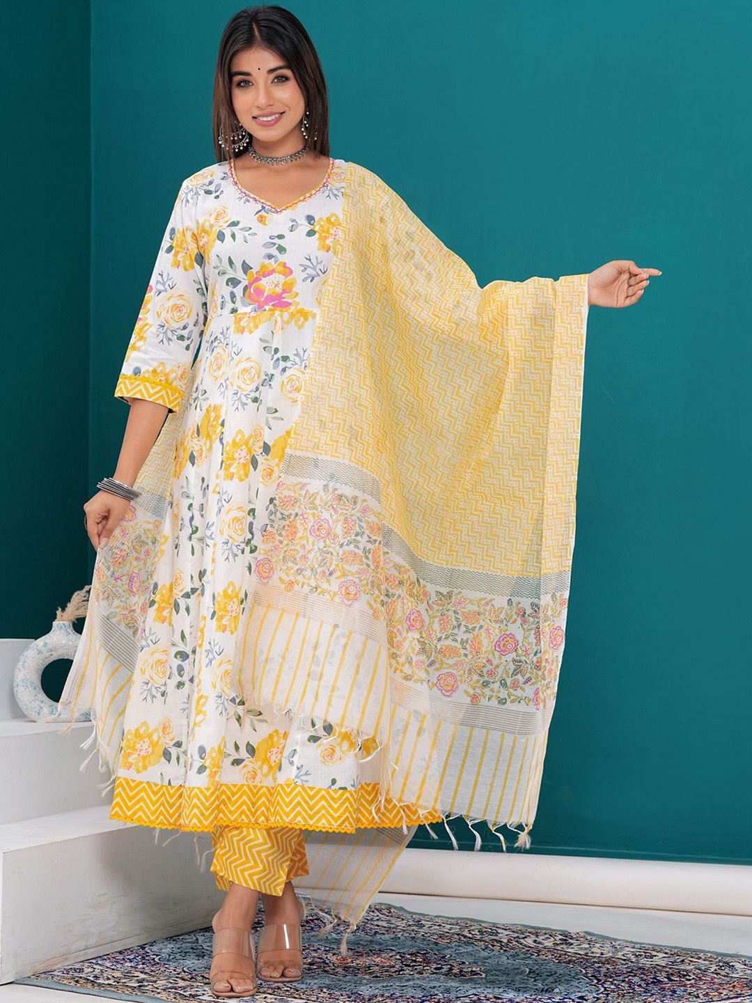 

KALINI Floral Printed Regular Pure Cotton Anarkali Kurta With Trousers & Dupatta, Yellow