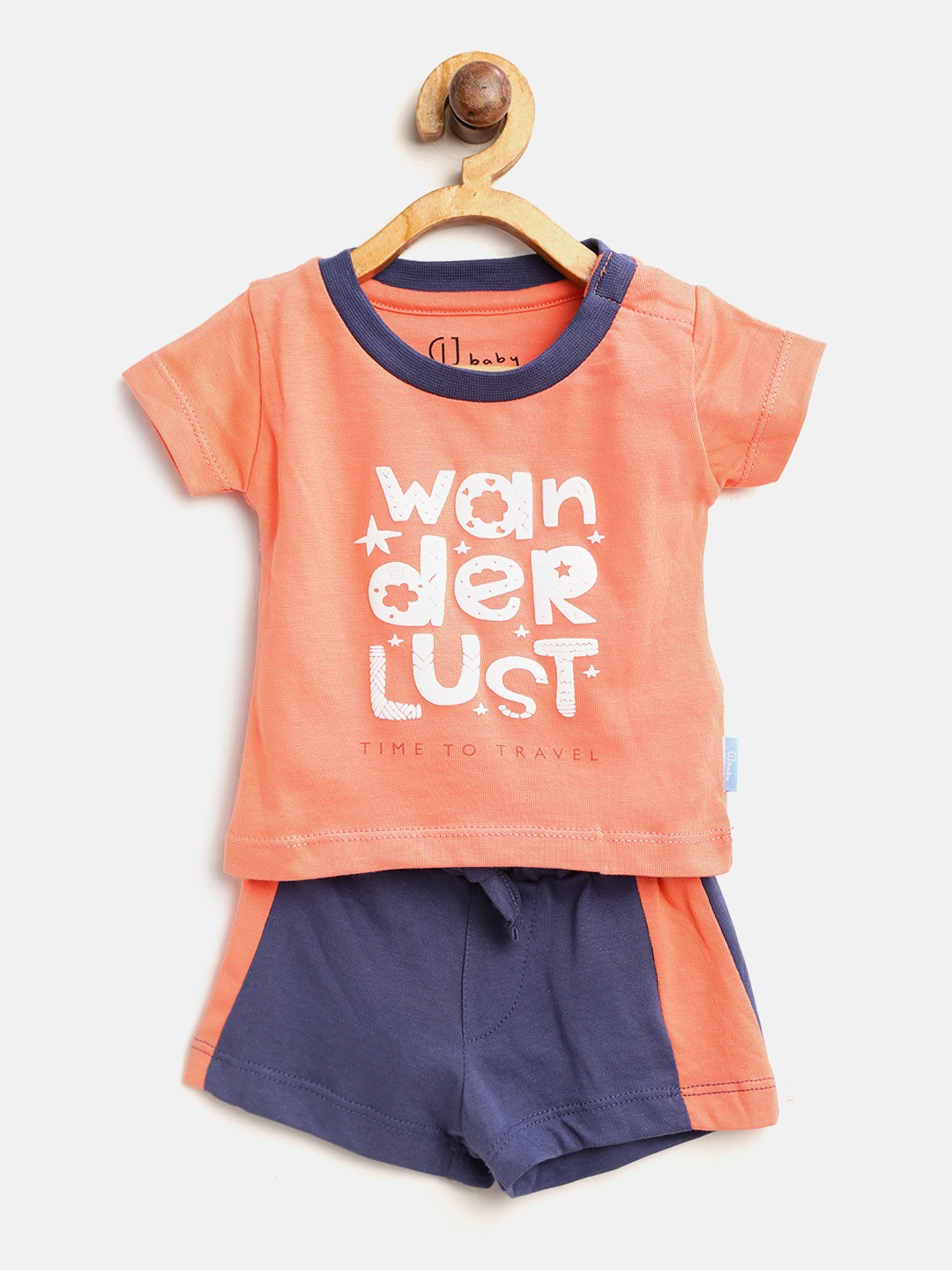 

Gini and Jony Boys Coral Orange & Navy Blue Printed T-shirt with Shorts