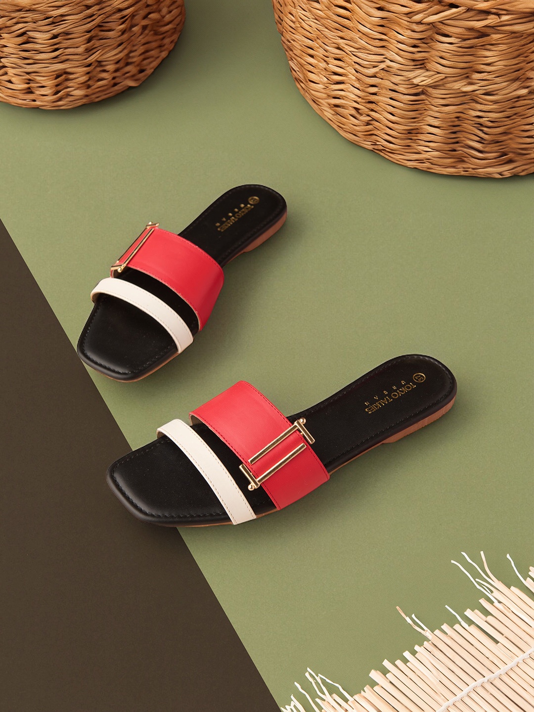 

Tokyo Talkies Striped Toe Open Toe Flats, Black