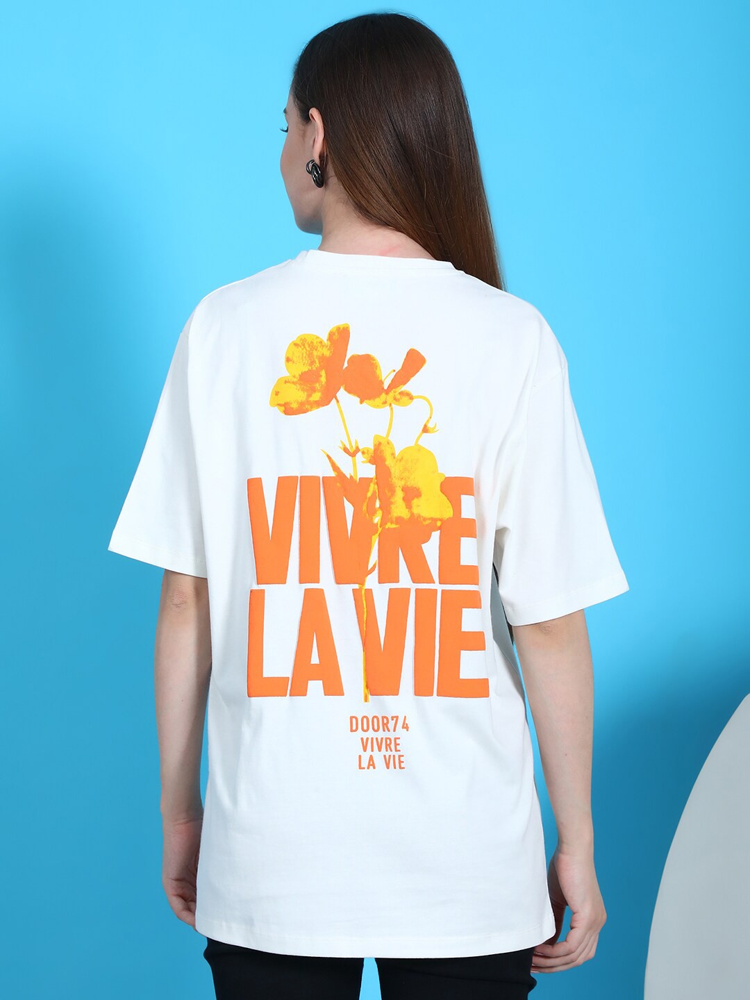 

DOOR74 Women Typography Printed Round Neck Oversized Cotton T-shirt, Off white