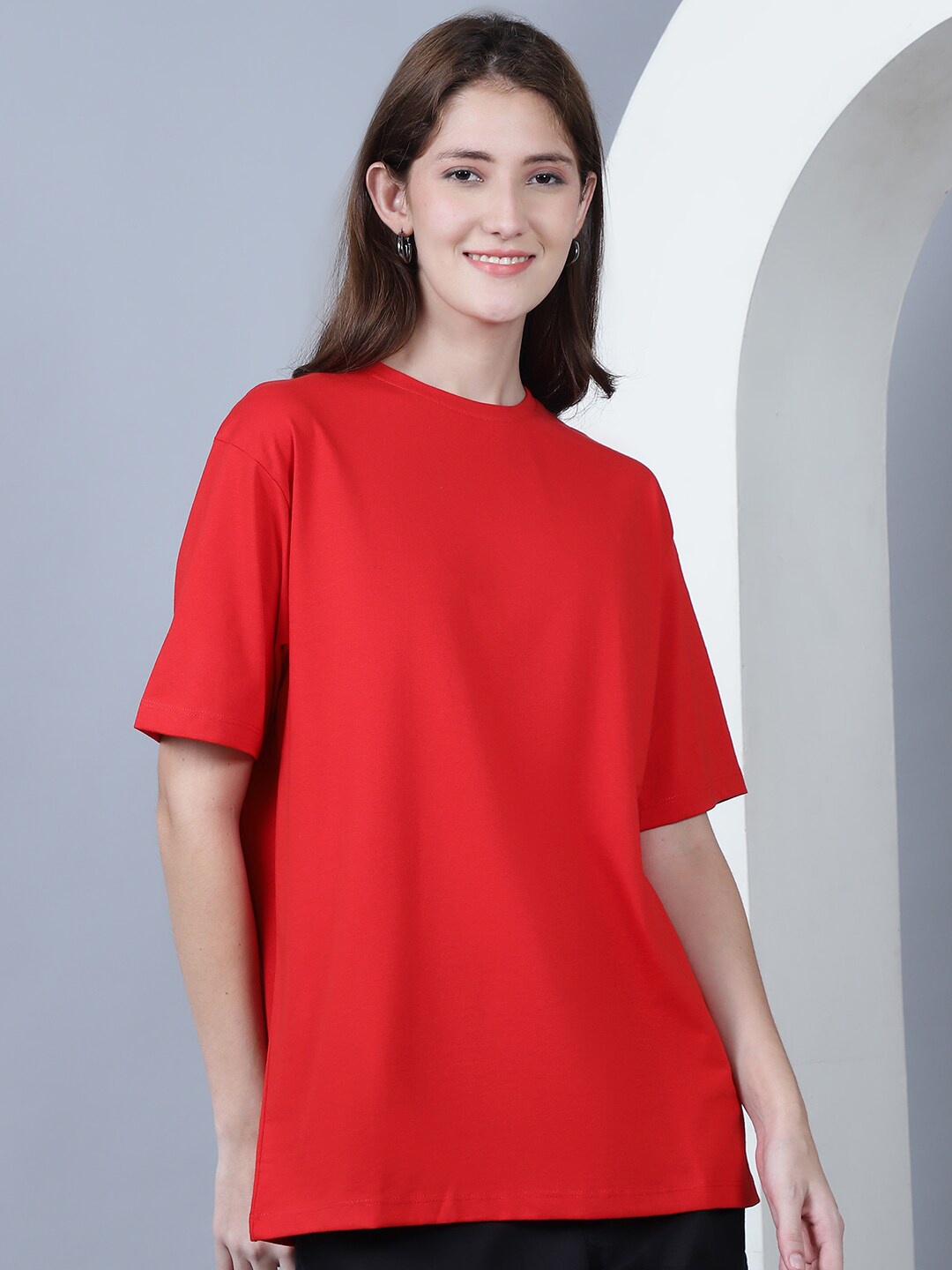 

DOOR74 Drop Shoulder Sleeves Cotton Oversized Longline T-shirt, Red
