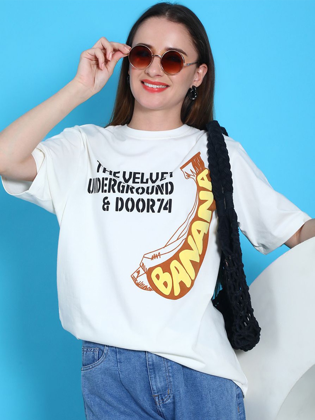 

DOOR74 Women Round Neck Typography Printed Oversized Cotton T-shirt, Off white