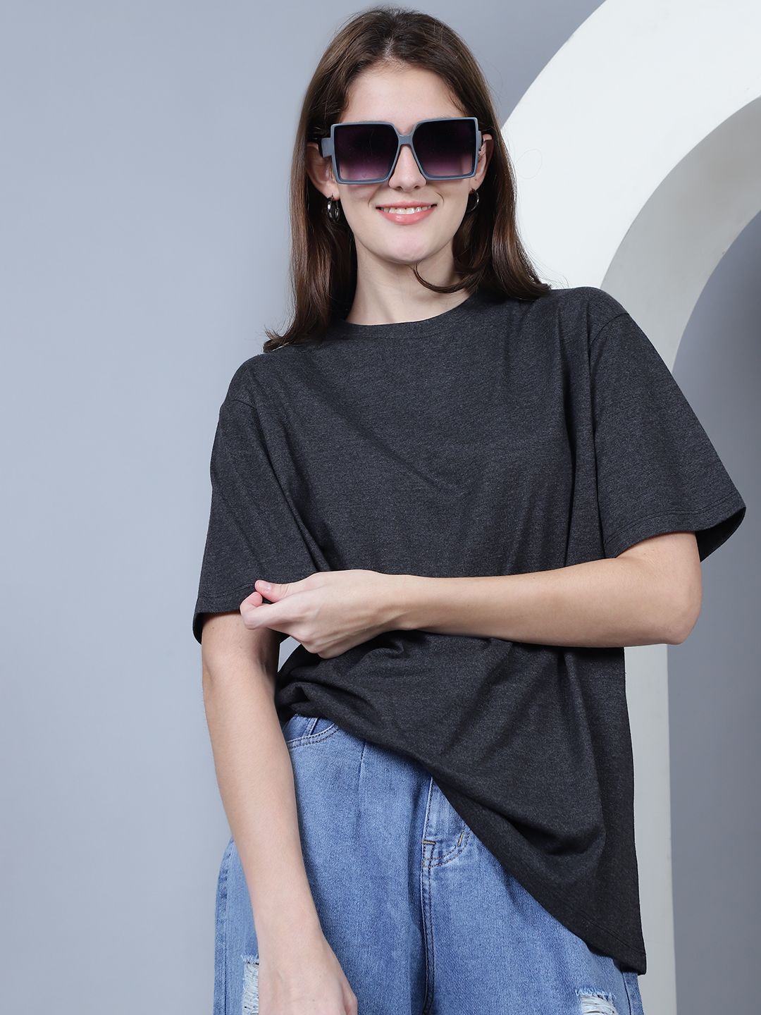 

DOOR74 Round Neck Drop Shoulder Sleeves Cotton Oversized Longline T-shirt, Grey melange