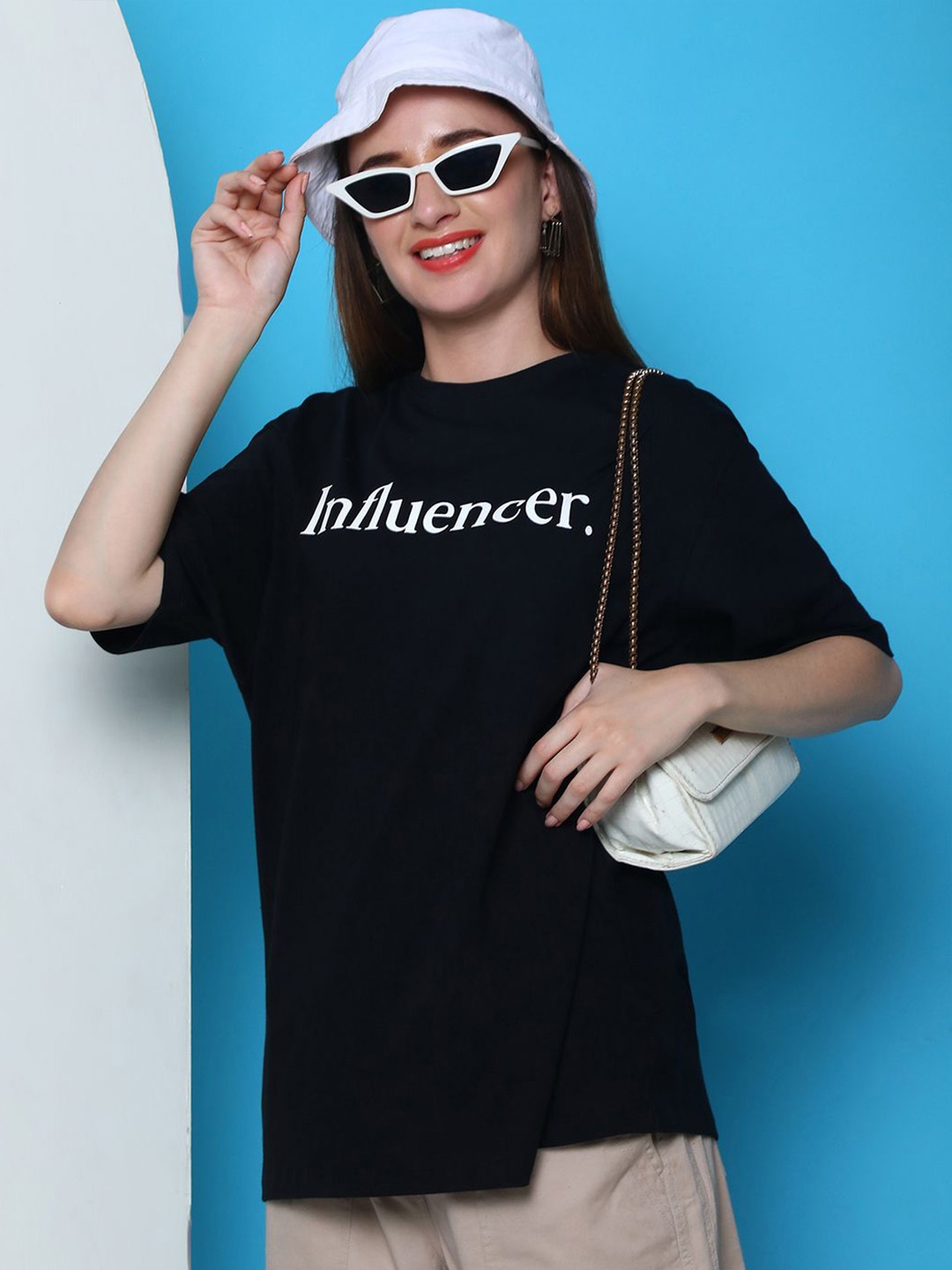 

DOOR74 Women Round Neck Typography Printed Oversized T-shirt, Black