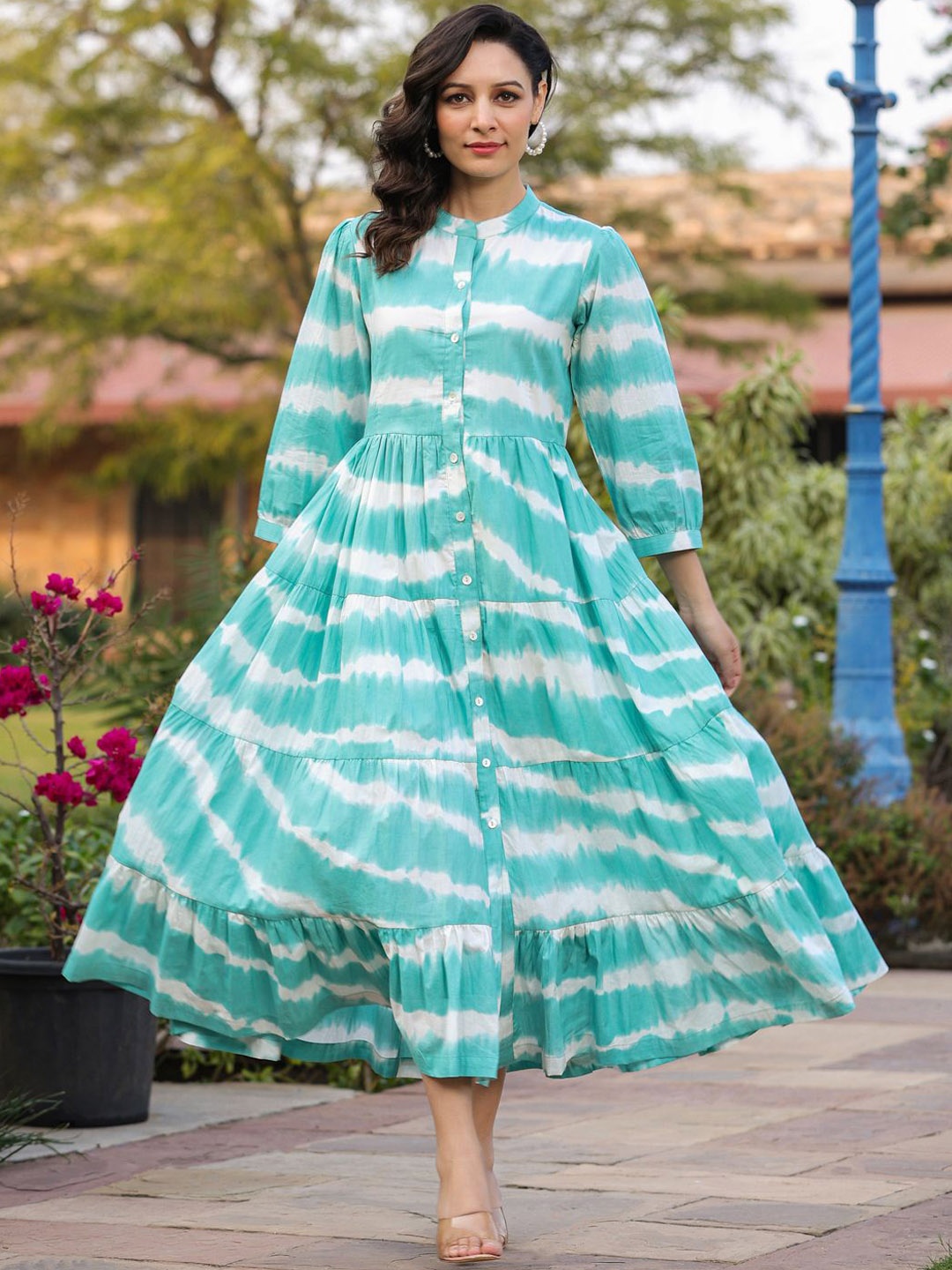 

Rain & Rainbow Abstract Printed Mandarin Collar Tiered Cotton Fit & Flare Ethnic Dress, Sea green