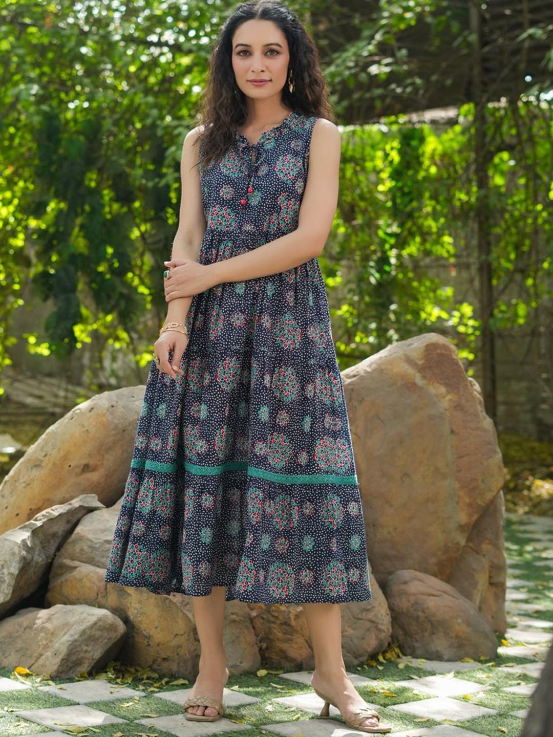 

Rain & Rainbow Floral Printed Tie Up Neck Pure Cotton Fit & Flared Midi Dress, Navy blue