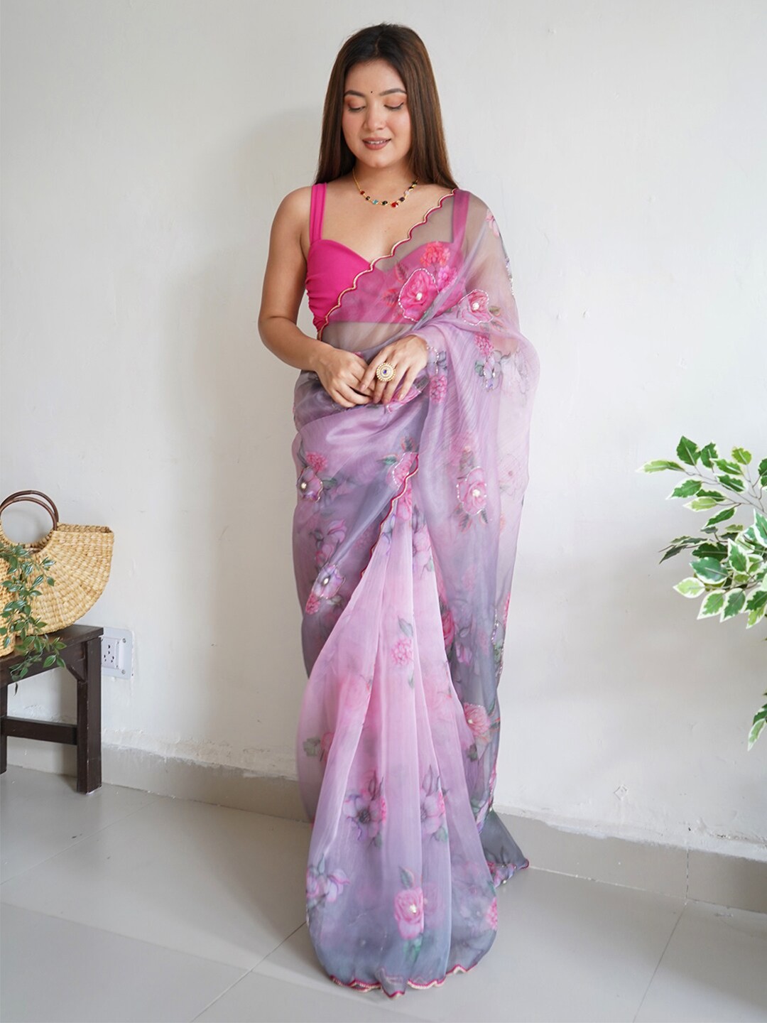 

SAREESBYCHIRAG Ethnic Motifs Embroidered Organza Saree, Lavender