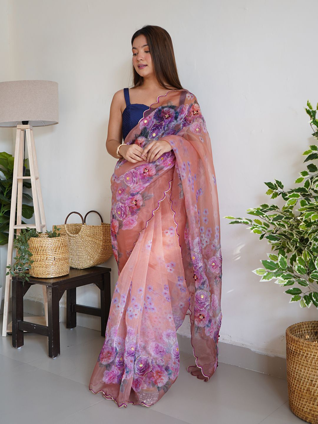 

SAREESBYCHIRAG Ethnic Motifs Embroidered Organza Saree, Beige