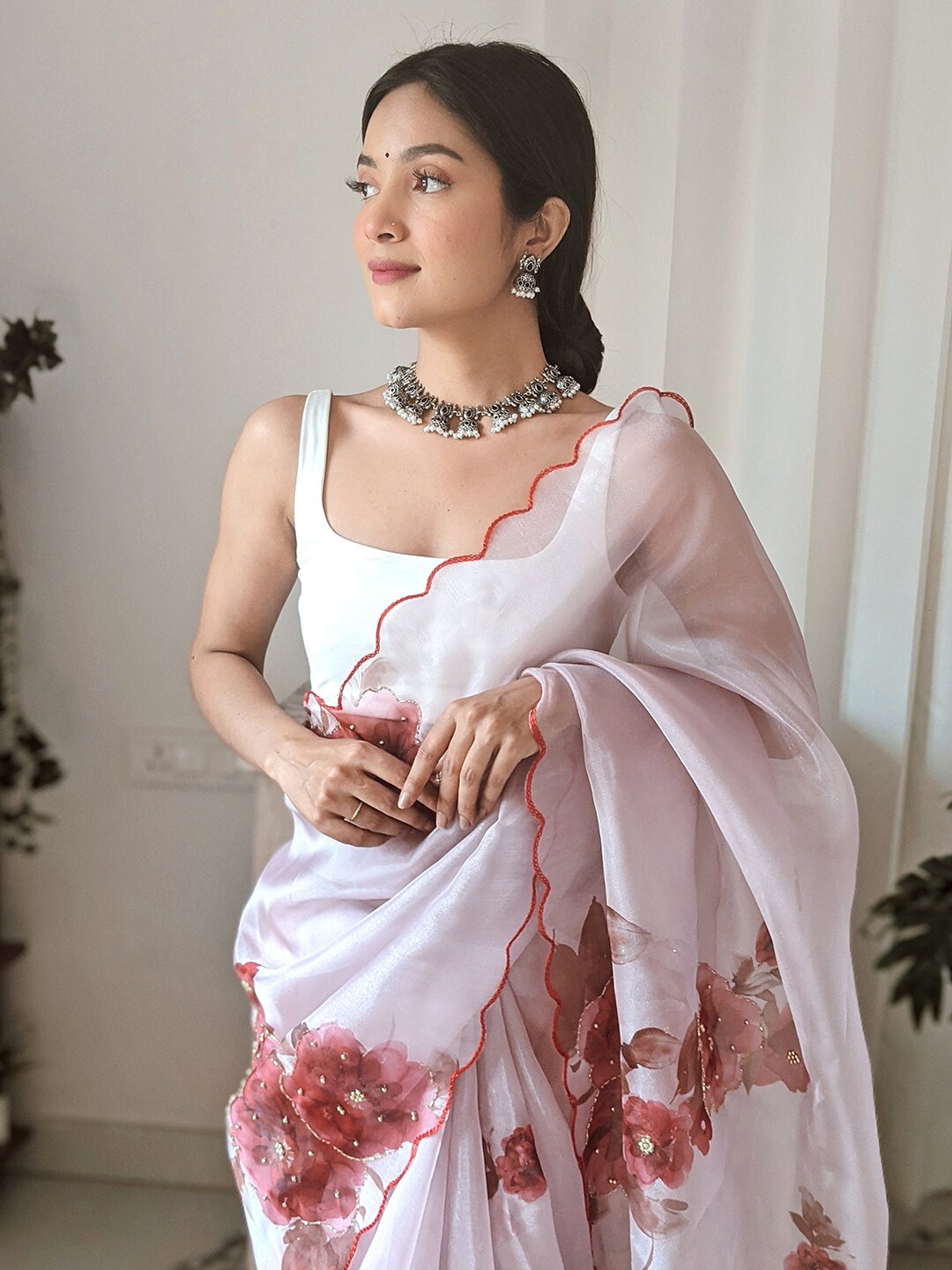 

SAREESBYCHIRAG Floral Beads and Stones Organza Saree, Pink