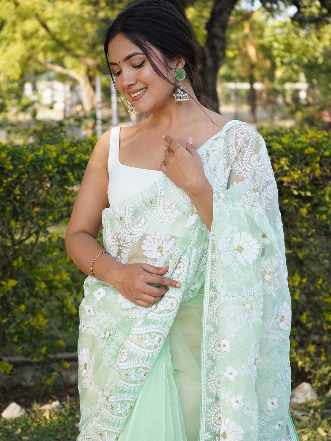 

SAREESBYCHIRAG Paisley Embroidered Organza Saree, Fluorescent green