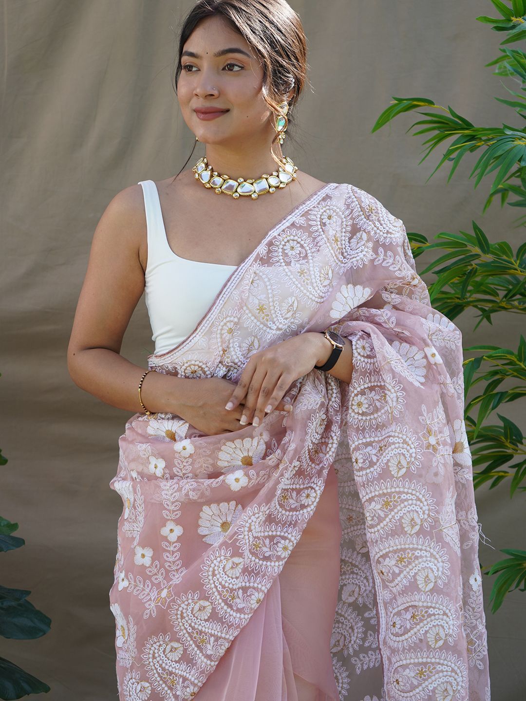 

SAREESBYCHIRAG Ethnic Motifs Embroidered Organza Saree, Rose