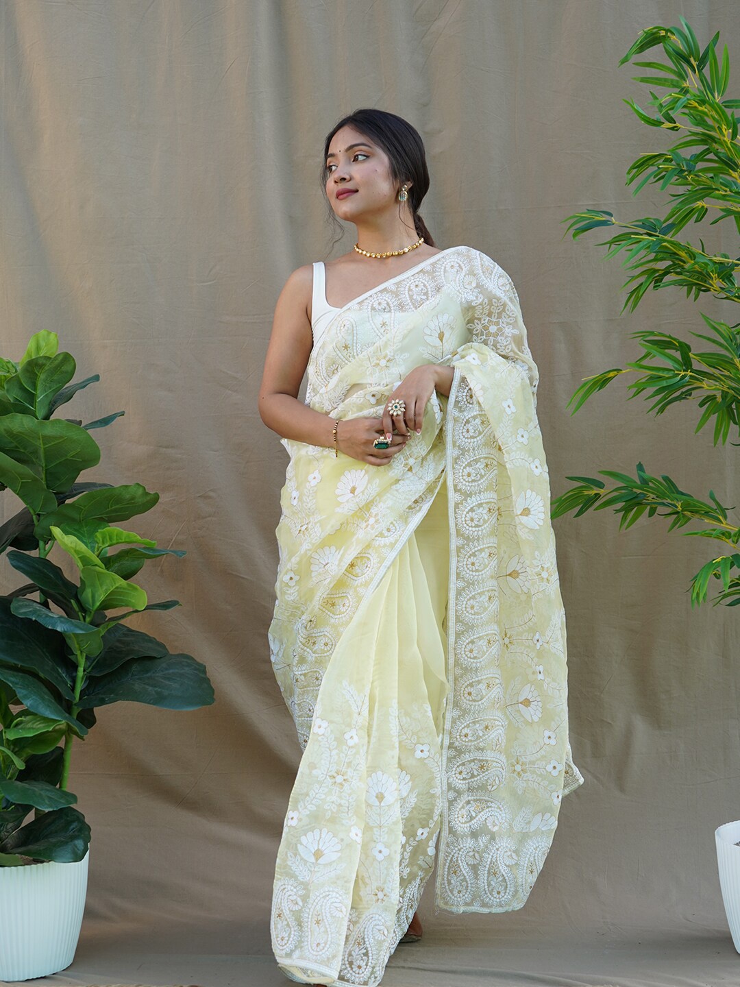 

SAREESBYCHIRAG Paisley Embroidered Organza Saree, Yellow