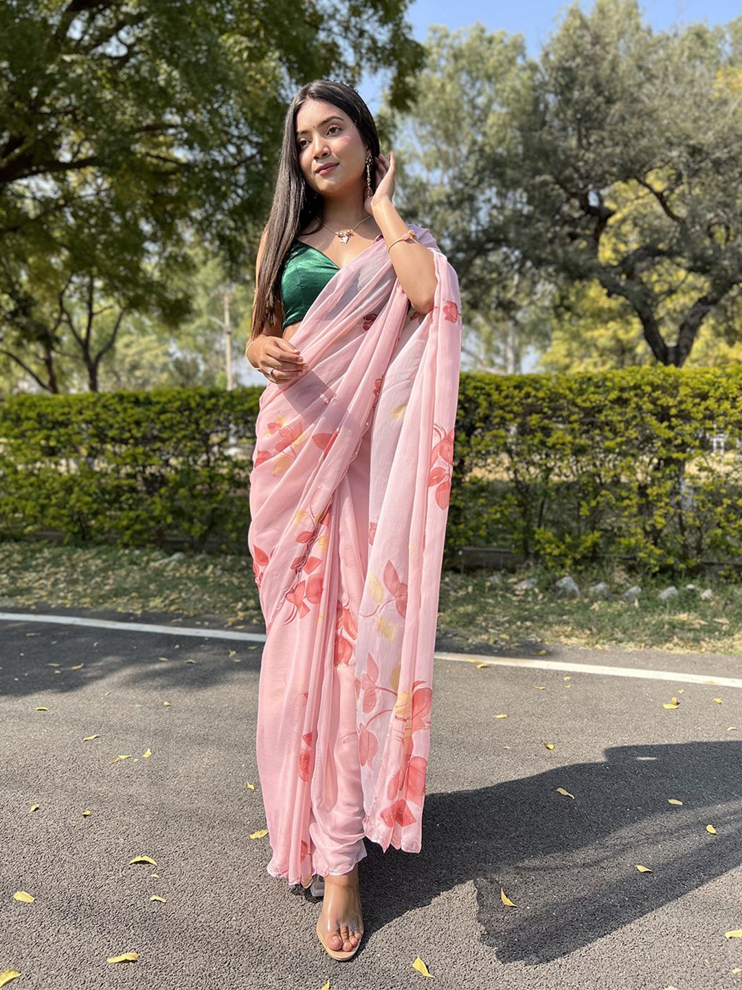 

SAREESBYCHIRAG Floral Pure Chiffon Saree, Peach