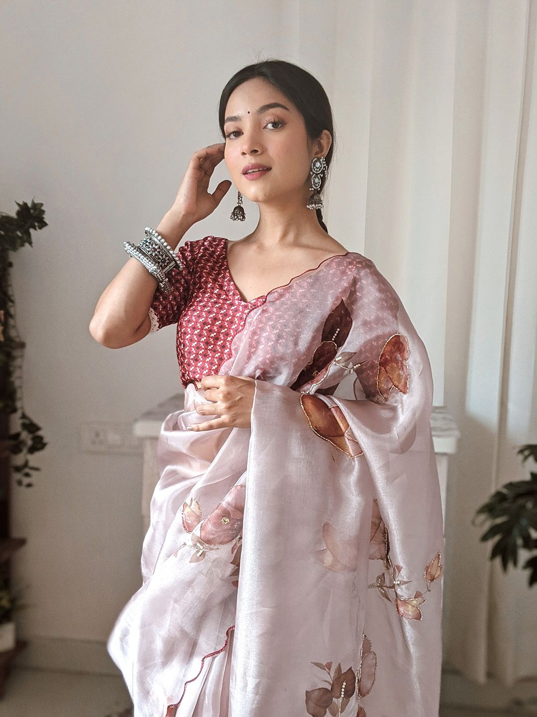 

SAREESBYCHIRAG Floral Embroidered Organza Saree, Beige