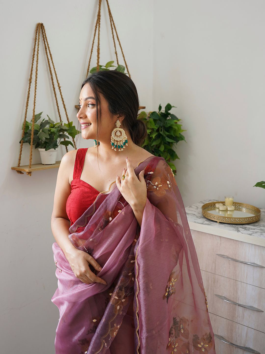 

SAREESBYCHIRAG Floral Embroidered Organza Saree, Magenta