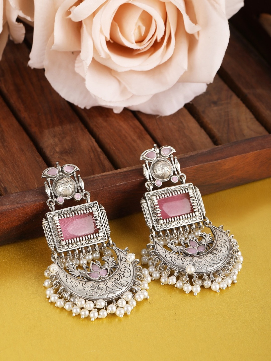 

Sangria Silver-Plated Stone-Studded & Beaded Oxidised Drop Earrings