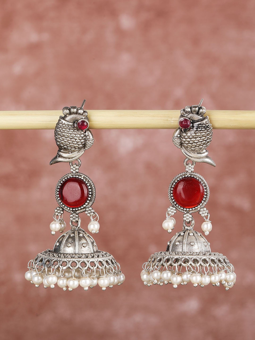 

Sangria Silver-Plated Stone-Studded & Beaded Dome Shaped Oxidised Jhumkas