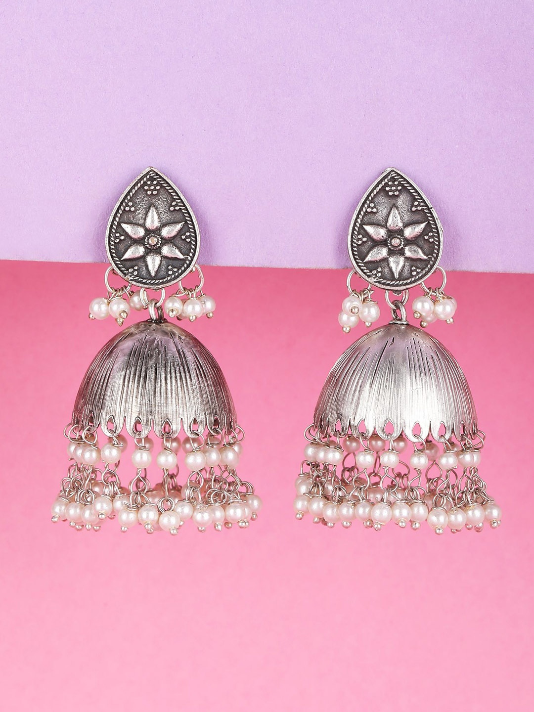 

Sangria Silver-Plated Beaded Dome Shaped Oxidised Jhumkas