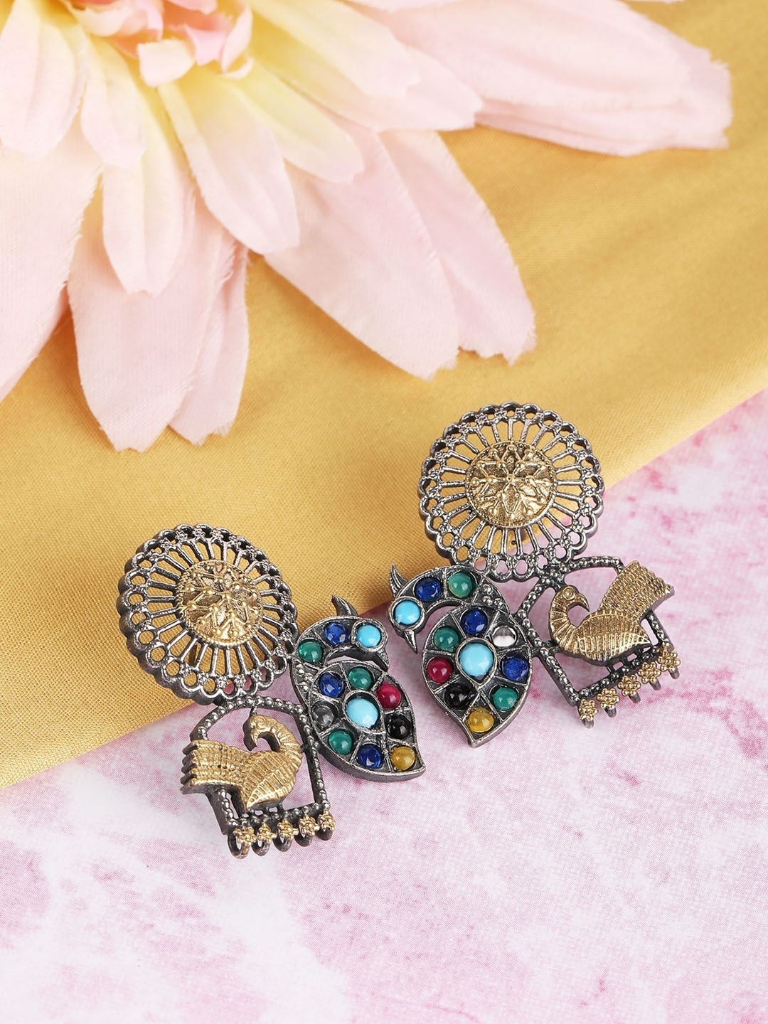 

Sangria Silver-Plated Oxidised Stones-Studded Drop Earrings